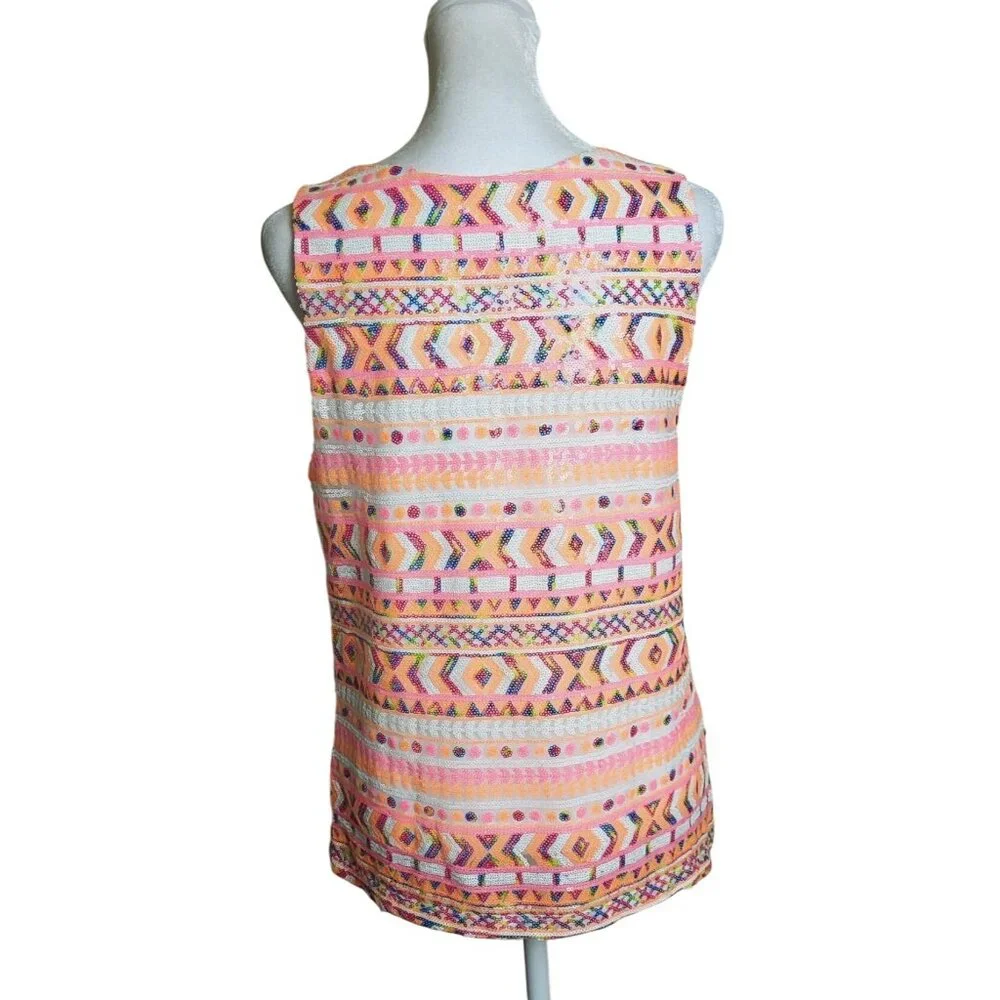 Miami Pink Sequins Aztec Design Sleeveless Top Size Medium